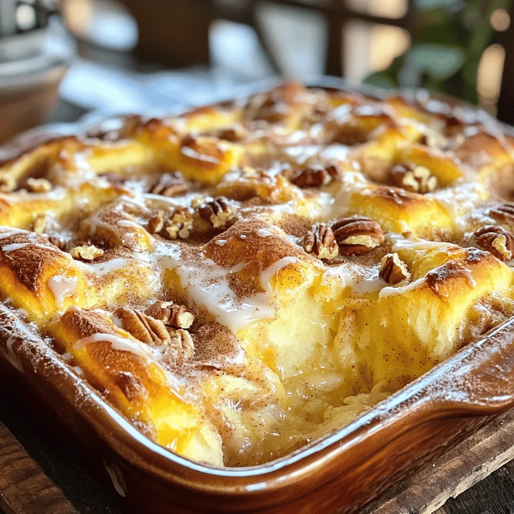 To create a delicious cinnamon roll casserole, you need a few main ingredients. Here’s what you will need: - 2 cans (12.4 oz each) refrigerated cinnamon rolls - 6 large eggs - 1 cup whole milk - 1/2 cup heavy cream - 1/2 teaspoon pure vanilla extract - 1 teaspoon ground cinnamon - 1/2 cup pure maple syrup These ingredients work together to create a soft, sweet, and gooey dish that everyone will love. The cinnamon rolls provide a fluffy base, while the eggs and cream create a custard-like texture. You can enhance your casserole with some tasty toppings and mix-ins. Here are a few ideas: - Chopped pecans or walnuts (for crunch) - Fresh fruit like strawberries or bananas (for color) - A sprinkle of additional cinnamon (for extra flavor) - Chocolate chips (for a sweet twist) Feel free to mix and match these toppings based on your taste. Adding nuts or fruit can give your casserole a fun texture and flavor boost. If you have dietary needs, you can make some easy swaps. Here are some suggestions: - For dairy-free: Use almond milk or coconut cream instead of whole milk and heavy cream. - For egg-free: Replace eggs with a mixture of 1/4 cup applesauce and 1/4 teaspoon baking powder per egg. - For gluten-free: Use gluten-free cinnamon rolls available at many stores. These substitutions help you enjoy the casserole while meeting your dietary needs. Just keep in mind that texture and taste may vary slightly.First, preheat your oven to 375°F (190°C). This step is key for even baking. Next, grease a 9x13-inch baking dish with non-stick spray or butter. Make sure to coat it well to keep the casserole from sticking. Now, open the cans of refrigerated cinnamon rolls. Carefully cut each roll into quarters. This makes bite-sized pieces that soak up the custard well. Spread these pieces evenly in the greased baking dish. In a large mixing bowl, whisk together six large eggs. Add one cup of whole milk and half a cup of heavy cream. Then, mix in half a teaspoon of pure vanilla extract and one teaspoon of ground cinnamon. Finally, pour in half a cup of pure maple syrup. Whisk the mixture until it is smooth. This rich custard base will give your casserole a soft and creamy texture. Pour the custard mixture over the cinnamon roll pieces in the baking dish. Make sure to soak them well. If you like, sprinkle chopped pecans or walnuts on top. This adds a nice crunch and flavor. Place the baking dish in the oven and bake for about 25 to 30 minutes. You want it to puff up and turn golden brown on top. To check if it’s done, insert a toothpick in the center. If it comes out clean, your casserole is ready. Once baked, take it out of the oven and let it cool for about five minutes. While it cools, mix a bit of powdered sugar with water or milk for drizzling. Adjust the liquid to get a smooth, drizzle-able icing. Pour this icing over the warm casserole for a delightful touch. Enjoy your flavorful breakfast delight!To make sure your cinnamon roll casserole cooks evenly, spread the roll pieces out well in the dish. Cut each roll into quarters so they soak up the custard. Stir the egg mixture well before pouring it over the rolls. This helps every piece absorb the rich flavor. Bake it at 375°F for about 25-30 minutes. Keep an eye on it; if the top is golden, it’s likely done. For a creamy custard, mix the eggs, milk, and cream thoroughly. Use a whisk to blend until smooth. Adding vanilla extract and ground cinnamon gives it a warm flavor. The right mix should not be too thick or too runny. If it’s too thick, it won’t soak into the rolls. If it’s too runny, it won’t set right. Aim for a consistency that coats the back of a spoon. Serve your cinnamon roll casserole warm for the best taste. Drizzle the powdered sugar icing right before serving. This adds a sweet touch. For extra flair, sprinkle some ground cinnamon on top. You can also add fresh fruit like strawberries or bananas for color and freshness. Nuts, like pecans or walnuts, give a nice crunch. This makes every bite a delightful experience.{{image_4}} Want to add extra sweetness? Try a chocolate chip twist. You can add semi-sweet chocolate chips to the cinnamon roll pieces. Mix in about one cup of chocolate chips before pouring the custard over. The melted chocolate will create a gooey, rich flavor that pairs perfectly with cinnamon. This variation is sure to please kids and adults alike! For a fall-inspired treat, make a pumpkin spice version. Swap out the ground cinnamon for pumpkin pie spice. You can also add half a cup of canned pumpkin to the custard. This adds a nice orange color and boosts the flavor. Top with whipped cream or a sprinkle of cinnamon for a festive touch. If you need to avoid nuts or dairy, there are great substitutions. For a nut-free version, simply skip the nuts altogether or use sunflower seeds for crunch. For a dairy-free option, replace whole milk and heavy cream with almond milk or oat milk. You can also use dairy-free cream cheese for the drizzle. This way, everyone can enjoy this tasty treat! To keep your cinnamon roll casserole fresh, let it cool completely. Once cooled, cover it tightly with plastic wrap or aluminum foil. You can also transfer it to an airtight container. Store it in the fridge for up to three days. If you have extra, consider sharing it with friends or family. When you want to enjoy your leftovers, preheat your oven to 350°F (175°C). Place the casserole in a baking dish and cover it with foil. Heat for about 15-20 minutes or until warm. You can also use the microwave, but I prefer the oven for better taste. Just heat individual portions for about 1-2 minutes. You can freeze the casserole if you want to save it for later. Cut the casserole into portions and wrap each piece in plastic wrap, then place them in a freezer-safe bag. Make sure to remove as much air as possible. It can last in the freezer for up to two months. When you