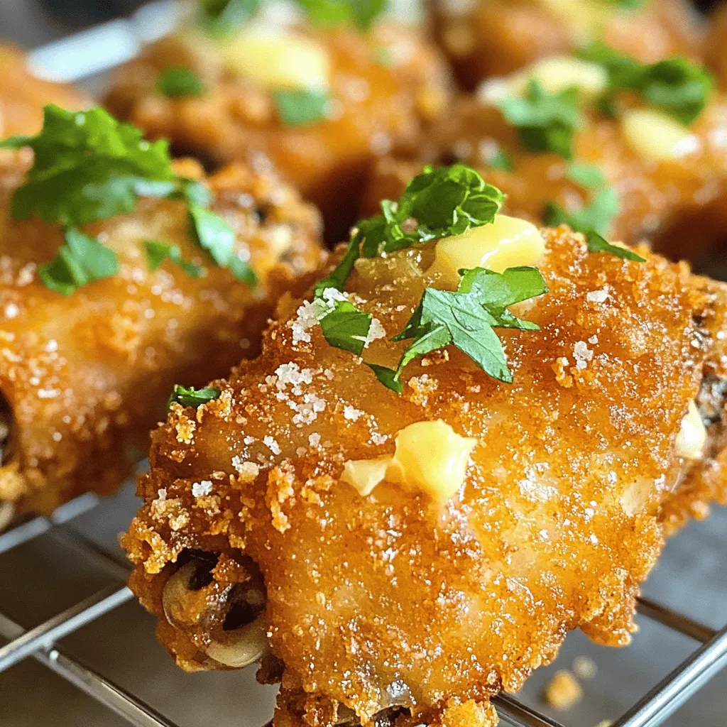 - 2 lbs chicken wings - 1 tablespoon baking powder - 1 teaspoon salt - 1/2 teaspoon freshly ground black pepper - 1 teaspoon garlic powder - 1/2 teaspoon onion powder - 1/4 cup unsalted butter, melted - 4 cloves garlic, finely minced - 1/2 cup finely grated Parmesan cheese - 2 tablespoons fresh parsley, finely chopped - Additional salt and pepper, to taste - Baking sheet - Aluminum foil - Wire rack - Mixing bowl - Small saucepan Gathering these ingredients is the first step to making crispy garlic Parmesan wings. The chicken wings are the star of this dish. You need two pounds to ensure everyone has enough. The baking powder helps create a crispy texture. Salt and pepper add flavor. Garlic powder and onion powder bring warmth and depth. For the sauce, unsalted butter is key. It melts and blends with garlic, creating a rich flavor. Freshly minced garlic is a must for that intense garlic taste. Parmesan cheese adds creaminess and a salty kick. Lastly, fresh parsley gives a pop of color and freshness. You will also need some basic kitchen tools. A baking sheet lined with aluminum foil makes cleanup easy. A wire rack is crucial for proper airflow around the wings, which helps them crisp up. A mixing bowl is needed for tossing the wings in the spice mix. Use a small saucepan to melt the butter and combine the sauce ingredients seamlessly.- Preheat oven to 425°F (220°C). - Line baking sheet with aluminum foil and place wire rack on top. First, I preheat my oven. This is key to getting wings crispy. I line my baking sheet with foil. This makes for easy cleanup later. I then place a wire rack on top. The rack helps air flow around the wings, making them crispier. - Toss chicken wings in baking powder and spices. - Arrange wings in a single layer on the wire rack. Next, I grab the chicken wings and toss them in a large bowl. I add baking powder, salt, pepper, garlic powder, and onion powder. Each wing needs a good coat of spices. Once mixed well, I arrange the wings in a single layer on the wire rack. This spacing is crucial for that perfect crispiness. - Bake for 40-45 minutes until golden and crispy. - Flip wings halfway for even cooking. I place the baking sheet in the oven and let the wings bake. I set a timer for 40-45 minutes. When the timer beeps, I check for golden color and crispness. I flip the wings halfway through for even cooking. This step makes sure they turn out great. - Melt butter and sauté minced garlic. - Stir in Parmesan cheese and parsley. While the wings bake, I prepare the garlic Parmesan sauce. I melt the butter in a small saucepan over medium heat. Once it melts, I add minced garlic. I sauté the garlic for about 2-3 minutes until it smells amazing. Then, I stir in the Parmesan cheese and parsley. This sauce is rich and full of flavor! - Toss wings in garlic Parmesan sauce. - Bake for an additional 5-7 minutes to crisp. After baking, I take the wings out of the oven. I toss them in the garlic Parmesan sauce in a large bowl. I make sure each wing is coated. Then, I return the sauced wings to the wire rack. I bake them again for 5-7 minutes. This helps the sauce stick and adds extra crispiness. Enjoy these crispy garlic Parmesan wings!For crispy garlic Parmesan wings, air circulation is key. - Use a wire rack to allow air circulation. - Ensure wings are not overcrowded on the baking sheet. When you place wings on the rack, it helps them cook evenly. This method also prevents sogginess. If wings touch, they will steam instead of crisp. Flavor is everything when it comes to wings. - Adjust garlic and cheese quantities for stronger flavors. - Experiment with additional spices like paprika or cayenne. If you love garlic, don’t be shy! Add more minced garlic for that punch. If you crave heat, sprinkle in cayenne or a splash of hot sauce. Spice blends can also bring a fun twist. Wings should look as good as they taste. - Garnish with fresh parsley and serve with dipping sauces. - Serve on a platter for a festive appearance. A sprinkle of parsley adds a nice green touch. Serve with ranch or blue cheese for dipping. This not only enhances flavor but also makes your dish pop! A beautiful platter will impress guests and keep them coming back for more. {{image_4}} Want some heat with your wings? Add cayenne pepper or hot sauce to your marinade. This gives the wings a nice kick. You can mix in about one teaspoon of cayenne for a mild spice. If you like it hot, go for two teaspoons. Toss the wings in the spicy marinade before baking. This adds flavor and heat to every bite. To make your wings more aromatic, add fresh herbs. Try thyme or rosemary in your garlic Parmesan sauce. Chop the herbs finely and stir them into the sauce. This will give your wings a fresh, earthy taste. You can add about one tablespoon of each herb. It’s a simple way to elevate your dish and impress your guests. For a twist, try cooking your wings in an air fryer or on the grill. An air fryer cooks them quickly and keeps them crispy. Cook at 400°F for about 25 minutes. If you prefer grilling, cook the wings over medium heat. Grill for about 15 minutes, turning often to avoid burning. Both methods create a delicious, crispy texture. Store leftover wings in an airtight container for up to 3 days. This keeps them fresh and tasty. When you’re ready to enjoy them again, just take them out of the fridge. Reheat in the oven to keep them crispy. Set your oven to 350°F (175°C) and place the wings on a baking sheet. Avoid using the microwave, as it can make the wings soggy. If you want to save some for later, freeze unbaked wings in marinade for future use. This makes for a quick meal later. Just thaw them in the fridge before cooking, and you’ll have a delicious treat ready to bake. Bake for 40-45 minutes, flipping halfway for even cooking. This time helps achieve a nice golden color and crispiness. Keep an eye on them towards the end for that perfect crunch. Yes, prepare and store them in the fridge, then bake before serving. This makes game day stress-free. You can enjoy tasty wings without rushing at the last minute. Pair with ranch dressing, celery sticks, and a fresh salad. The cool ranch balances the rich wings. Celery adds a nice crunch, making it a fun spread for everyone. Yes, but thaw them completely before following the recipe instructions. It is key for even cooking. If they are still frozen, they won’t crisp up as well. Use baking powder and a wire rack to elevate the wings while baking. This method allows air to flow around the wings. Crispy wings come from good air circulation! These crispy garlic Parmesan wings are easy to make and full of flavor. You learned about the main ingredients and the steps to prepare them perfectly. I shared tips for achieving that desired crispiness and various ways to personalize your wings. Remember, presentation matters too! Serve these wings hot for the best taste, and don’t forget to store leftovers properly. With a few simple tweaks, you can make them your own. Dive in and enjoy a tasty treat that everyone will love!