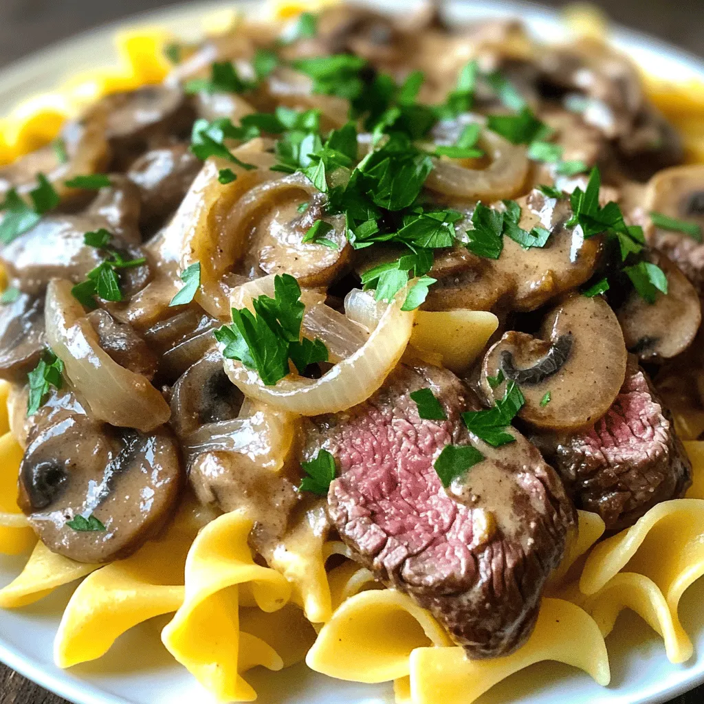 - 1 lb beef sirloin or tenderloin - 8 oz egg noodles - 1 cup sour cream The main ingredients are key to making a great beef stroganoff. I love using beef sirloin or tenderloin for this dish. It gives that tender texture. The egg noodles soak up the sauce well, adding a nice touch. Sour cream adds creaminess and tang. - Olive oil - Worcestershire sauce - Smoked paprika Olive oil is best for searing the beef. It helps achieve that nice brown crust. Worcestershire sauce adds depth to the sauce. Smoked paprika gives a hint of smokiness. These elements work together to create rich flavors. - Salt and black pepper - Fresh parsley Salt and black pepper are essential for seasoning. They enhance the natural flavors of the dish. Fresh parsley adds brightness and color. It makes the dish look more appealing.To cook the egg noodles, bring a pot of salted water to a boil. Add the noodles and cook them until they are al dente. This usually takes about 6-8 minutes. Once cooked, drain the noodles and transfer them to a warm pot. Cover the pot to keep them warm and prevent sticking. For a perfect sear, heat olive oil in a large skillet over medium-high heat. When the oil shimmers, add the sliced beef in small batches. Avoid crowding the pan, as this can steam the meat. Sear each side for 2-3 minutes until it has a nice brown crust. Once browned, move the beef to a plate to keep warm. In the same skillet, lower the heat slightly. Add the sliced onions and mushrooms. Sauté for about 5-7 minutes until the onions are clear and the mushrooms turn golden. Then, add minced garlic and stir for another minute. Garlic adds a rich flavor that enhances the dish. Sprinkle all-purpose flour over the onion and mushroom mix. Stir well to coat all the veggies. Cook this for about 1 minute to remove the raw flour taste. Gradually pour in beef broth while stirring constantly. This helps prevent lumps from forming. Next, add Worcestershire sauce, smoked paprika, salt, and pepper. Return the seared beef to the skillet and reduce the heat to low. Gently fold in the sour cream until everything is mixed. Heat through for about 5 minutes, stirring occasionally. Taste your sauce and adjust the seasoning if needed. To serve, spoon the creamy beef stroganoff over the warm egg noodles. Make sure to distribute the beef and sauce evenly. For a fresh touch, sprinkle finely chopped parsley on top just before serving. Consider serving with steamed vegetables or a crisp green salad for a complete meal.To make a classic beef stroganoff, choose the right cut of beef. I suggest using beef sirloin or tenderloin. These cuts are tender and flavorful. Fresh ingredients are also key. Use fresh mushrooms and onions for the best taste. Fresh herbs can brighten up your dish too. One common mistake is overcooking the beef. This can make it tough and chewy. Sear the beef quickly, just until browned. Another mistake is not seasoning properly. Always season your beef and sauce with salt and pepper. This step brings out all the flavors. You can enhance your stroganoff with optional ingredients like Dijon mustard. It adds a nice tang. Also, consider using different types of mushrooms. Cremini or shiitake mushrooms can add depth. You can even mix in some caramelized onions for extra sweetness.{{image_4}} To make a meatless beef stroganoff, you can swap out the beef for mushrooms or lentils. Both options bring a hearty texture to the dish. Use about 8 ounces of mixed mushrooms, like cremini and shiitake, for a rich flavor. For a creamy touch, substitute sour cream with cashew cream or plain yogurt. These swaps maintain the tasty essence of stroganoff while keeping it vegetarian. If you prefer chicken or turkey, simply replace the beef with 1 pound of thinly sliced chicken breast or turkey breast. Cook the meat the same way as you would the beef. For a unique twist, consider seafood. Shrimp or scallops can add a delightful taste. Just sauté them until pink and tender, then follow the same sauce-making steps. While egg noodles are classic, you can try other noodles or grains. Fettuccine, penne, or even rice can work well. If you need gluten-free options, use rice noodles or quinoa. Both choices have great textures and absorb the sauce nicely. Feel free to experiment and find what you enjoy most.To keep your Beef Stroganoff fresh, refrigerate leftovers in an airtight container. Make sure to cool it to room temperature before sealing it. This dish stays good for 3 to 4 days in the fridge. Always check for signs of spoilage before eating. If you want to store Stroganoff for longer, freezing is a great choice. Use a freezer-safe container and leave some space at the top for expansion. For best taste, consume within 3 months. When you