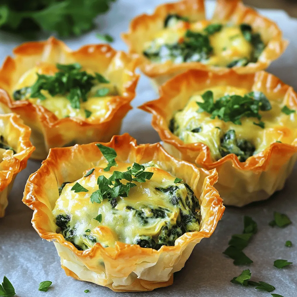- 1 cup fresh spinach, finely chopped - 1 cup canned artichoke hearts, thoroughly drained and coarsely chopped - 2 cloves garlic, minced - 1/2 cup cream cheese, softened at room temperature - 1/2 cup sour cream - 1/2 cup grated Parmesan cheese - 1/2 cup shredded mozzarella cheese - 1/2 teaspoon onion powder - 1/2 teaspoon fresh lemon juice - Salt and freshly ground black pepper to taste - 1 package of phyllo pastry sheets (approximately 12 sheets) - Cooking spray or melted butter for brushing When making Spinach Artichoke Dip Bites, you want the best ingredients. Start with fresh spinach. It gives a bright taste and nice color. For the artichokes, use canned ones. They save time and still taste great. Minced garlic adds a punch of flavor. In the dairy section, cream cheese is key. It adds creaminess that makes each bite rich. Sour cream makes it tangy. Parmesan and mozzarella bring a nice cheesy pull. For extra flavor, add onion powder and fresh lemon juice. They balance the richness. Don’t forget salt and pepper to taste. You can adjust these to fit your liking. Phyllo pastry is essential for the crunchy cups. It bakes up light and crisp. Use cooking spray or melted butter to help the layers stick together. All these ingredients work together to create a fun and tasty appetizer.- Preheat your oven to 375°F (190°C) - Prepare all ingredients as listed above Start by heating your oven. A hot oven cooks the bites evenly. Next, gather all your ingredients. This makes cooking smooth and fun. - Combine spinach, artichokes, cream cheese, sour cream, Parmesan, and mozzarella - Add garlic, onion powder, lemon juice, salt, and pepper In a mixing bowl, add chopped spinach and artichoke hearts. Then, mix in the cream cheese, sour cream, Parmesan, and mozzarella. This should be creamy and tasty. Next, add minced garlic, onion powder, lemon juice, salt, and pepper. Stir it well, making sure all flavors blend. - Layer phyllo sheets and brush with butter - Cut into squares and form phyllo cups in a mini muffin tin - Fill each cup with the spinach-artichoke mixture Take a sheet of phyllo pastry and lay it flat. Brush it lightly with melted butter. Stack another sheet on top and brush again. Repeat this for four sheets. Now, cut these into 3-inch squares. Gently press each square into a greased mini muffin tin to form little cups. Spoon the spinach-artichoke mixture into each cup. - Bake for 15-20 minutes until golden and crispy - Cool slightly before serving Put the muffin tin in the preheated oven. Bake for 15 to 20 minutes. Keep an eye on them. You want them golden and crispy. Once done, let them cool a bit before serving. This helps keep their shape. Enjoy your tasty bites!To make your Spinach Artichoke Dip Bites shine, adjust the seasoning. A little salt and pepper can go a long way. Taste your mix before you fill the phyllo cups. You can also try different cheese blends. Mixing mozzarella with sharp cheddar adds a nice kick. If you want a creamier dip, add more cream cheese. Layering phyllo sheets gives you the best texture. Start by laying one sheet down and brushing it with melted butter. Add another sheet on top, then brush again. Repeat this four times. This creates a nice, crunchy bite. Be careful when handling phyllo. It tears easily, so work slowly and gently. If you see a tear, don’t worry! Just patch it with another piece. Serve your dip bites on a fun platter. Pair them with dips or sauces for added flavor. A side of marinara or ranch dressing works great. For garnishing, sprinkle fresh parsley or chili flakes on top. This adds color and a little heat to your dish. Remember, the way you present food matters. It can make your bites look even more delicious.Enjoy your cooking adventure! {{image_4}} You can swap spinach for kale or other greens. Kale gives a nice crunch and flavor. You can also use different cheeses. Goat cheese adds tang, while cheddar brings a rich taste. Mixing cheeses can make your bites even better. For a gluten-free option, use gluten-free phyllo dough. This change keeps the texture light and flaky. If you want a vegan version, use plant-based cheeses. There are great options that melt well and taste good. You can also find dairy-free sour cream to keep it creamy. To spice things up, add red pepper flakes or smoked paprika. These ingredients can bring a kick to your bites. You may also want to add other veggies. Diced bell peppers or mushrooms can add color and taste. They make your bites more fun and interesting. To store Spinach Artichoke Dip Bites in the fridge, place them in an airtight container. Make sure they cool down first. They will stay fresh for about three days. When you want to eat them again, you can reheat them. The best way is to put them in the oven at 350°F (175°C). Heat for about 10 minutes. This keeps them crispy and warm. Yes, you can freeze the prepared bites. First, let them cool completely. Then, place them in a single layer on a baking sheet. Freeze until firm, which takes about an hour. After that, transfer them to a freezer-safe bag. Press out extra air and seal tightly. To reheat, remove from the freezer and bake directly from frozen at 375°F (190°C) for 20-25 minutes. This helps maintain a good texture. Enjoy your tasty bites whenever you want! You can prepare the filling a day ahead. Just store it in the fridge. When you