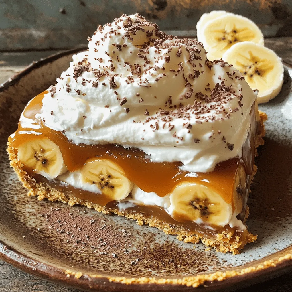 To make your Easy Banoffee Pie, gather these simple ingredients: - 2 ripe bananas, sliced - 1 can (14 oz) sweetened condensed milk - 2 tablespoons unsalted butter - 1 tablespoon brown sugar - 1 pre-made graham cracker pie crust (9-inch) - 1 cup heavy whipping cream - 2 tablespoons powdered sugar - 1 teaspoon vanilla extract - Grated chocolate (for garnish)