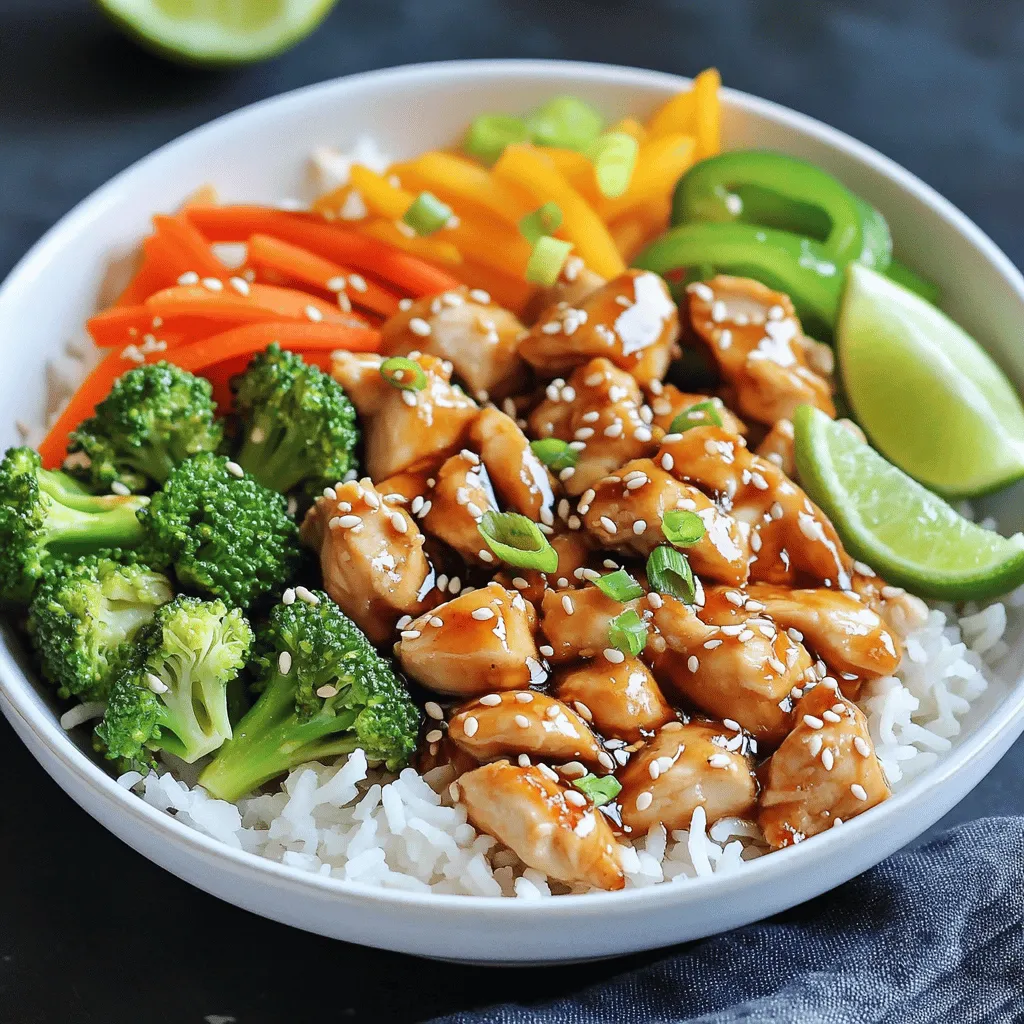 - 2 boneless, skinless chicken breasts, diced - 1 cup jasmine rice - 1/4 cup low-sodium soy sauce - 2 tablespoons honey - 1 tablespoon rice vinegar - 1 teaspoon sesame oil - 1 cup broccoli florets - 1 medium carrot, julienned - 2 green onions, chopped To make tasty teriyaki chicken bowls, you need fresh ingredients. Start with chicken breasts. I like to use boneless and skinless chicken for ease. Dicing them into bite-sized pieces helps them cook evenly. Next, jasmine rice is a great choice. It’s fragrant and fluffy. Use this rice to soak up all the delicious teriyaki sauce. For the sauce, low-sodium soy sauce is key. It brings saltiness without being too overpowering. Honey adds sweetness, while rice vinegar gives a nice tang. A touch of sesame oil adds rich flavor. Don’t forget the veggies! Fresh broccoli florets bring crunch, while julienned carrots add color. Green onions are perfect for garnish. They give a fresh pop to your dish. By gathering these ingredients, you’ll set yourself up for success. Ready to cook?To start, combine 1 cup of jasmine rice with 2 cups of water or chicken broth in a medium saucepan. This choice adds a savory touch. Bring this mixture to a boil over medium-high heat. Once it starts bubbling, reduce the heat to low, cover the pot, and let it simmer. Cook for about 15 minutes until the rice is fluffy and all the liquid is absorbed. After cooking, remove the pot from heat and let it sit, covered, for 5 more minutes. Fluff the rice with a fork before serving. Next, let