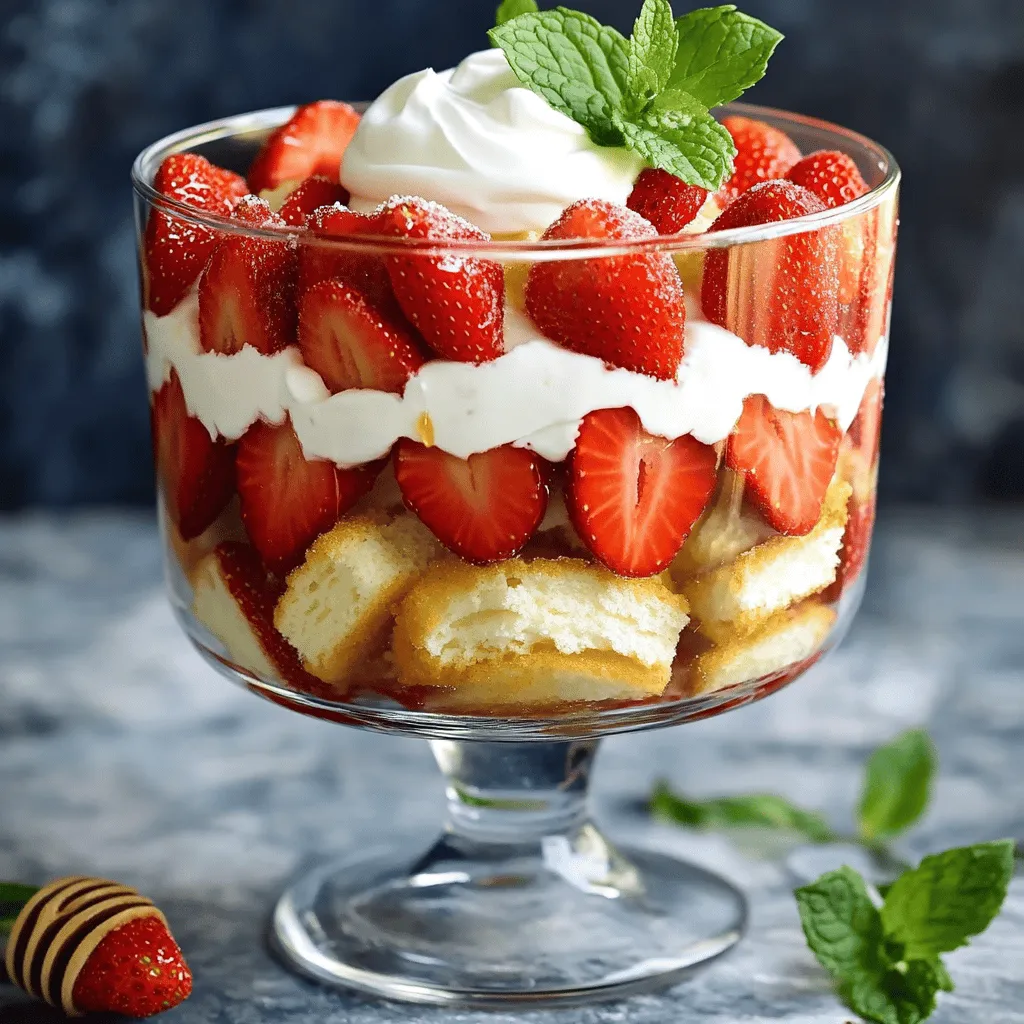 To make your strawberry shortcake trifle, you need a few key ingredients: - 2 cups fresh strawberries, hulled and sliced - 1/4 cup granulated sugar (to sweeten strawberries) - 1 cup heavy cream - 1/4 cup powdered sugar - 1 teaspoon vanilla extract - 1 package (12 oz) angel food cake, cut into bite-sized pieces - 1/2 cup Greek yogurt (plain or vanilla) - Fresh mint leaves (for garnish) Each ingredient plays a special role. Fresh strawberries bring sweetness and a pop of color. The sugar helps to enhance their natural flavor. Heavy cream and powdered sugar create a rich, fluffy topping. Vanilla adds warmth and depth. The angel food cake gives a light, airy texture, while Greek yogurt adds creaminess and tang. If you can