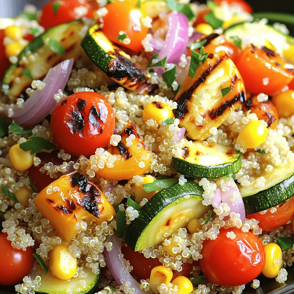 This salad shines with some fresh veggies and quinoa. Here’s what you need: - 1 cup quinoa, thoroughly rinsed - 2 cups vegetable broth or water - 1 medium zucchini, sliced into rounds - 1 bell pepper (red or yellow), chopped into bite-sized pieces - 1 red onion, quartered - 1 cup cherry tomatoes, halved - 1 cup corn kernels (fresh or frozen) The right seasonings make a big difference. You will need: - 2 tablespoons extra-virgin olive oil - Salt and freshly ground black pepper, to taste - 1 teaspoon smoked paprika - 1 teaspoon garlic powder - Juice of 1 fresh lemon Add some flair with these garnishes: - Fresh parsley, finely chopped (for garnish) Feel free to mix and match your ingredients based on what you have. This recipe is flexible!To cook the quinoa, start by rinsing 1 cup of quinoa under cold water. This removes the bitter outer coating. In a medium pot, add the rinsed quinoa and 2 cups of vegetable broth. Bring the pot to a boil, then lower the heat. Cover the pot and let it simmer for about 15 minutes. Afterward, remove it from the heat and let it sit covered for 5 more minutes. When ready, fluff the quinoa gently with a fork. While the quinoa cooks, prep your veggies. First, preheat your grill to medium-high heat. In a large bowl, mix the sliced zucchini, chopped bell pepper, quartered red onion, halved cherry tomatoes, and corn kernels. Drizzle 2 tablespoons of olive oil over the top. Then, sprinkle in 1 teaspoon of smoked paprika, 1 teaspoon of garlic powder, salt, and pepper. Toss the vegetables until all are well coated. Now it